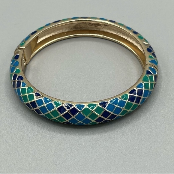 4 for $20 SALE! Sequin Enameled Goldtone Harlequin Hinged Bangle, Blues/Greens - Picture 5 of 6
